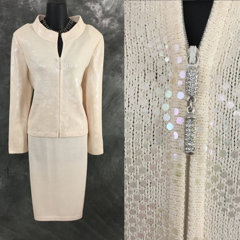 NWT NEW St John knit White embellished evening jacket skirt suit size 10 12